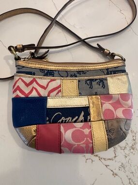 Coach RARE Vintage Multicolor Patchwork Crossbody Bag Gold Strap